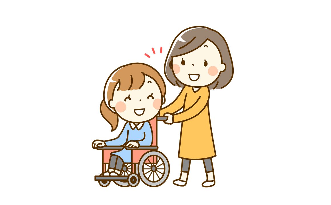 車椅子の笑顔の女性と車椅子を動かす笑顔の女性のイラスト